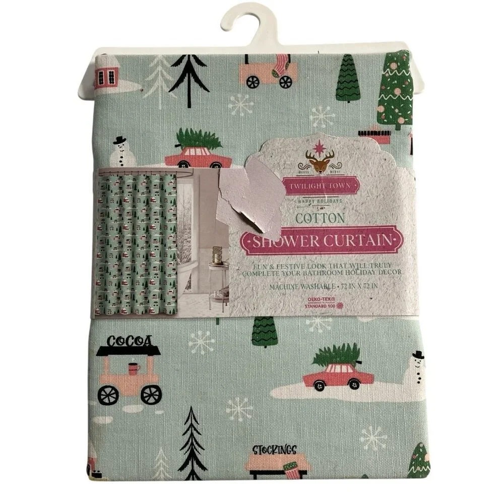 Twilight Town Christmas Fabric Shower Curtain Holiday Light‎ Green Outdoor Snow